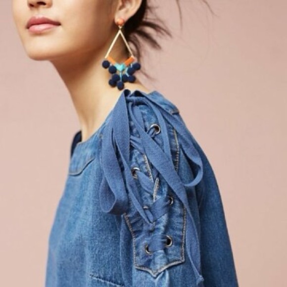 NEW Anthropologie Maeve Denim Mini Shift Dress w/ Lace Up Shoulders Women’s S - Picture 3 of 10
